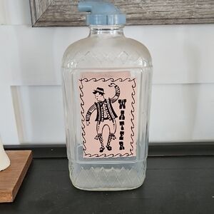 Vintage Glass Water Jug with Pink Label